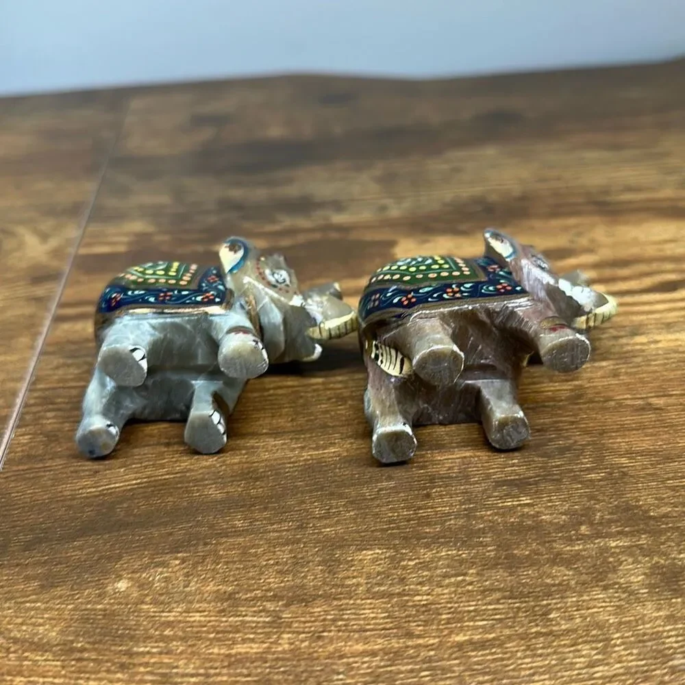Vtg Hand Carved Painted Marble Stone Elephant Figurine Trunk Up‎ Paper Weight
